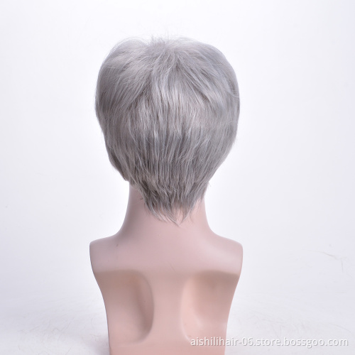 Aishili wholesale short grey natural silky straight toupee remy hair synthetic wigs for men